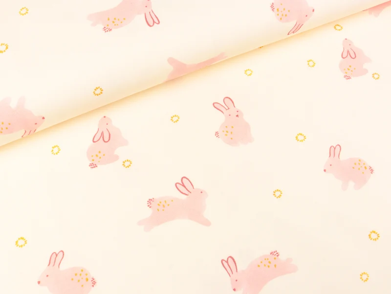 Baumwolljersey Graphic Bunny Häschen und Blümchen rosa auf Creme