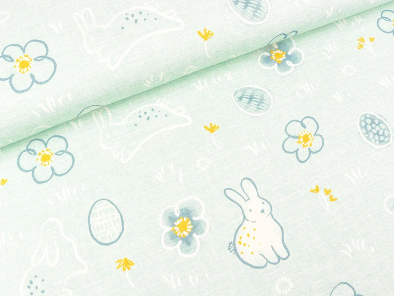 Baumwolljersey Graphic Bunny Häschen auf der Osterwiese mint schraffiert