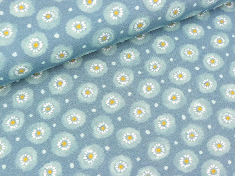 Baumwolljersey Graphic Bunny Blümchen mint auf Staubblau