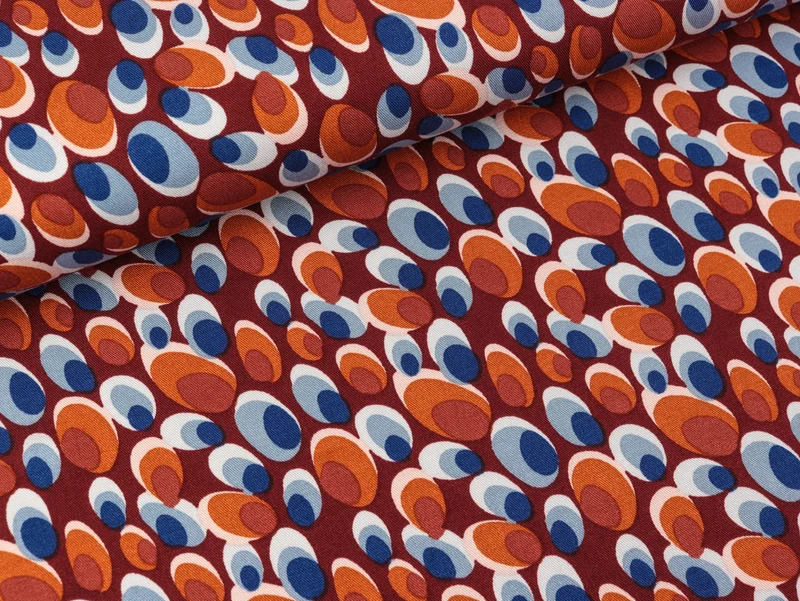 Viskose Stretch Print Ovals jeansblau-bunt auf Weinrot