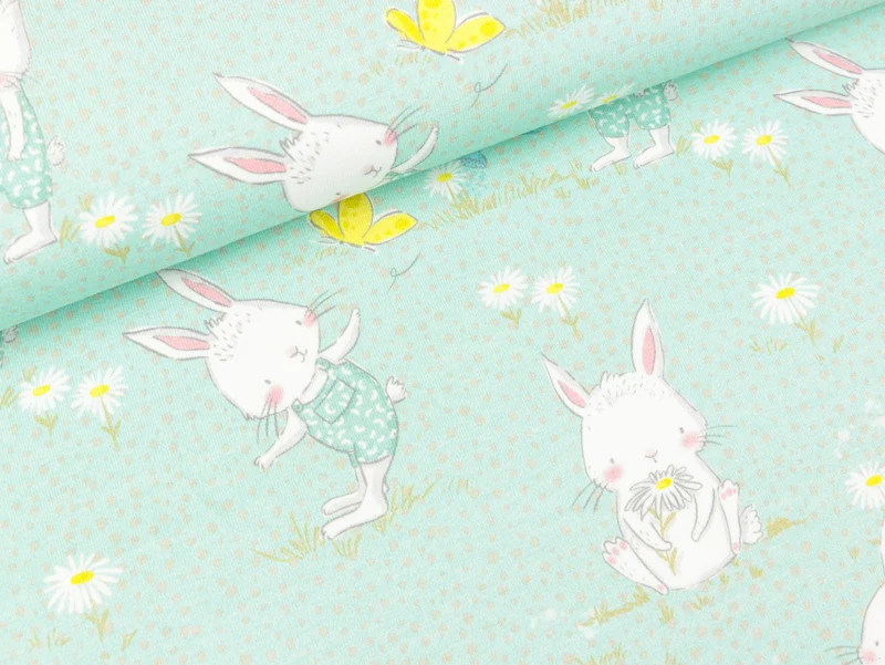 Baumwolljersey Moppi Rabbit Hasen auf Hellmint by Christiane Zielinski