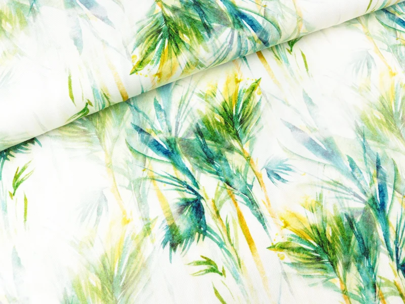 Viskose Webware Amalia Palmen bunt auf Weiß im Watercolor-Style