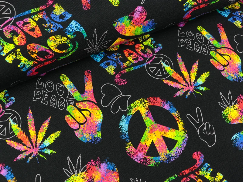 French Terry Petra Love and Peace bunt auf Schwarz