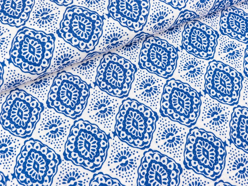 Viskose Webware Lexi Fliesenmuster weiß-royalblau FS22