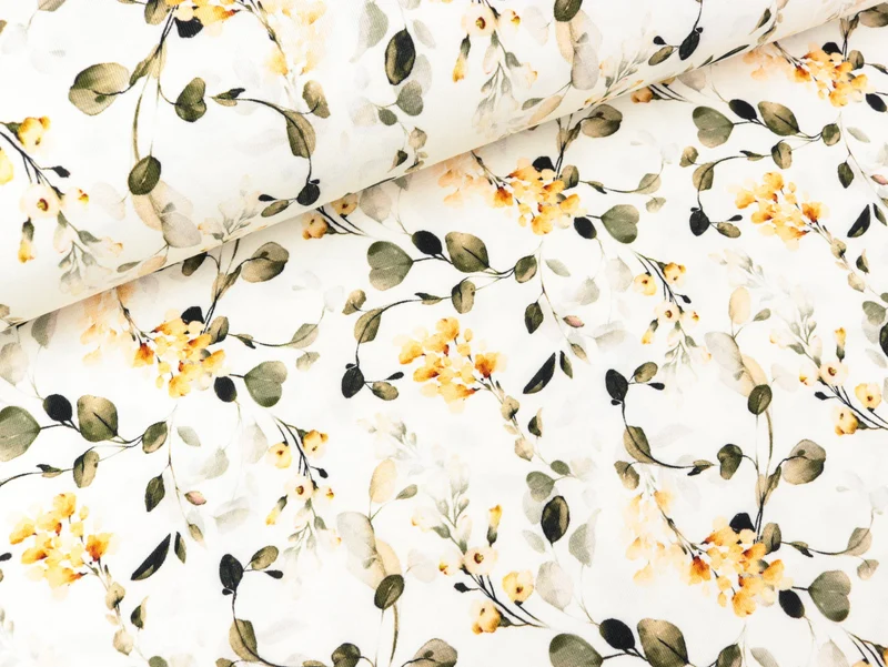 Bio Baumwolljersey Blumen apricot-dunkelbraun auf Creme