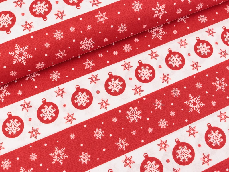 Baumwoll Webware Joel Weihnachtskugeln und Schneeflocken rot-weiß