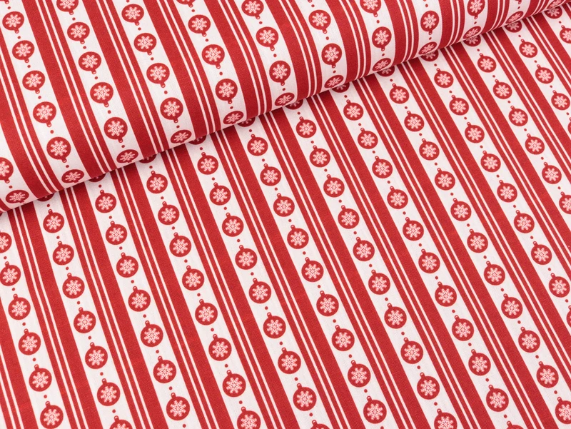 Baumwoll Webware Joel Weihnachtskugeln und Streifen rot-weiß