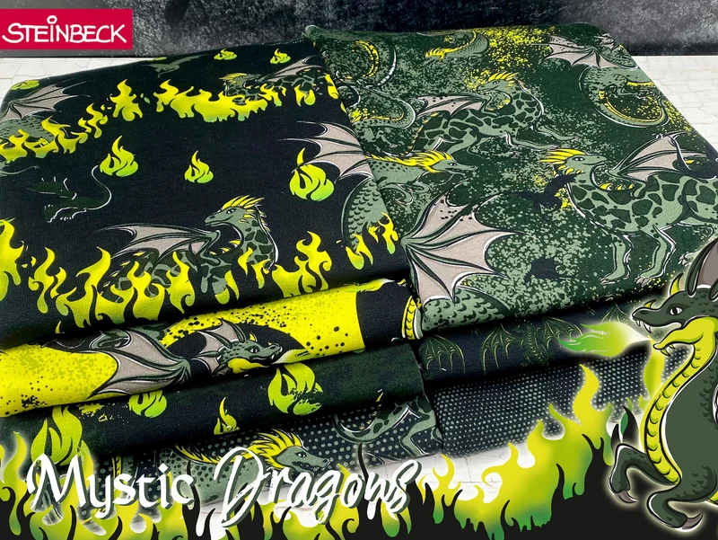 Steinbeck French Terry Mystic Dragons Flammen knallgrün auf Schwarz