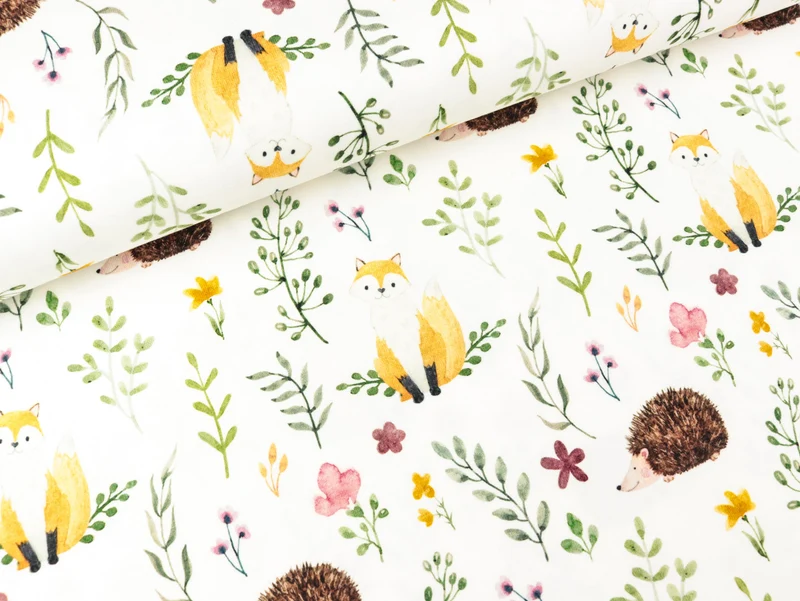 Baumwolljersey Nora Fuchs und Igel auf Creme