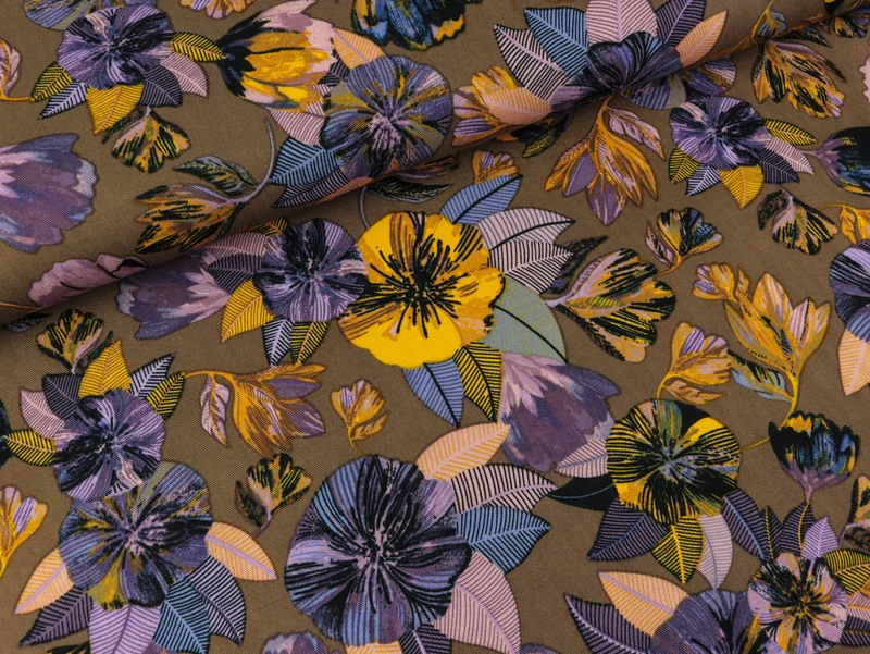 Viskose Twill Print Leaves bunt auf Oliv
