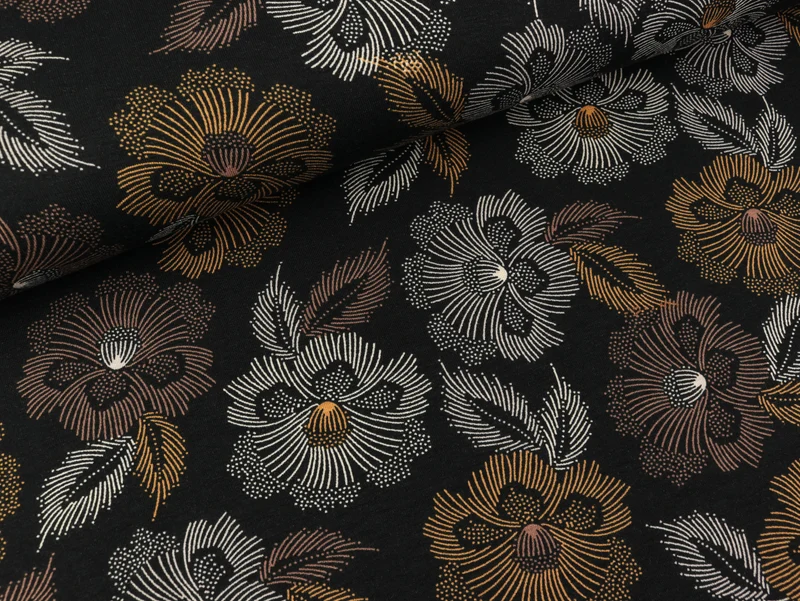 Viskosejersey Flowers brown-messing-weiß auf Schwarz