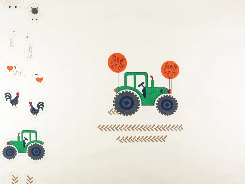Baumwolljersey Traktor bunt auf Natur Panel 62cm