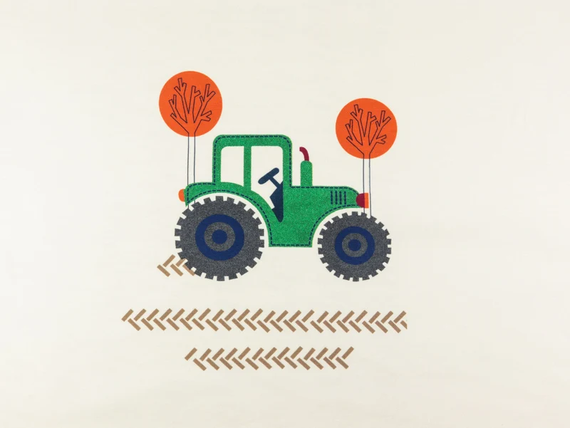 Baumwolljersey Traktor bunt auf Natur Panel 62cm