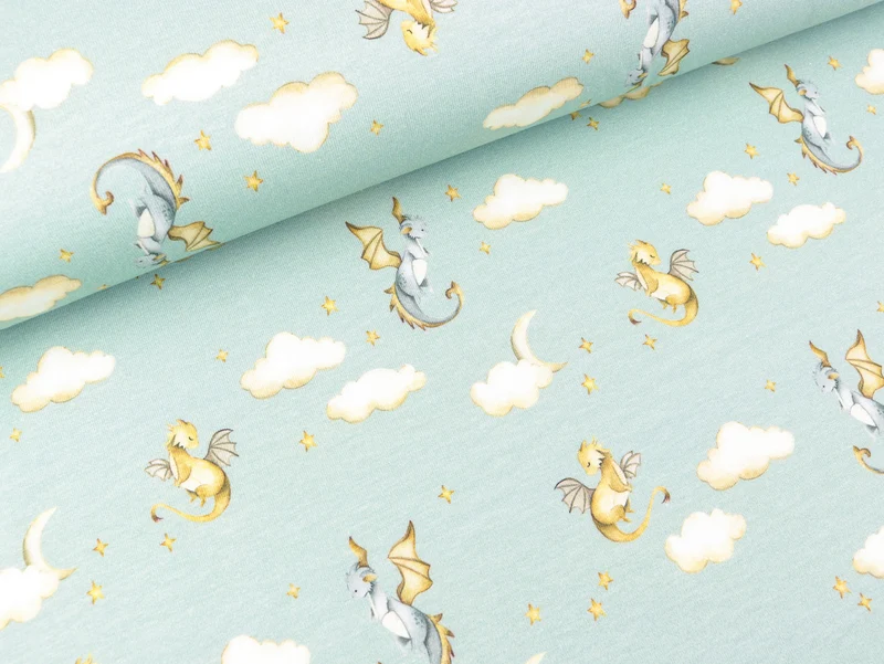 Bio Baumwolljersey Drachen in den Wolken auf Dusty blue