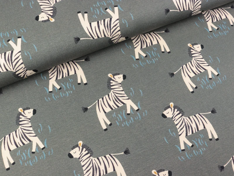 Baumwolljersey Savana Friends Zebras creme auf Grau