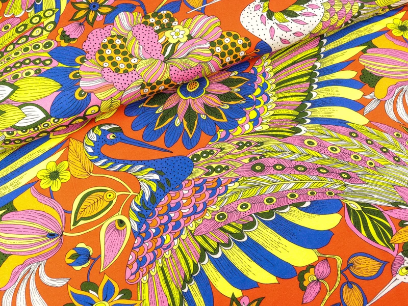 Viskosejersey Große Paradiesvögel und Blumen bunt auf Orangerot