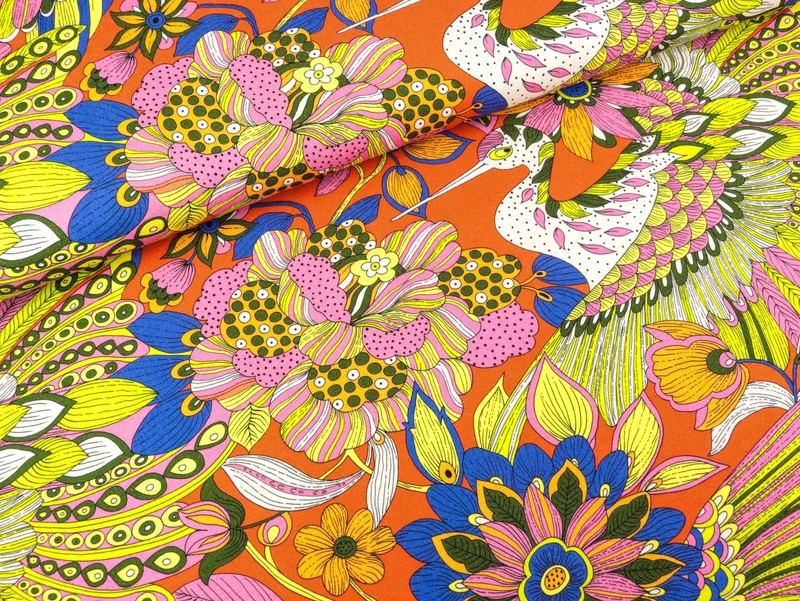 Viskosejersey Große Paradiesvögel und Blumen bunt auf Orangerot
