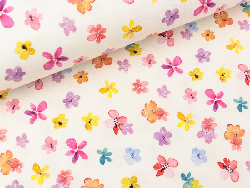Bio Baumwolljersey Bunte Blümchen auf Weiß