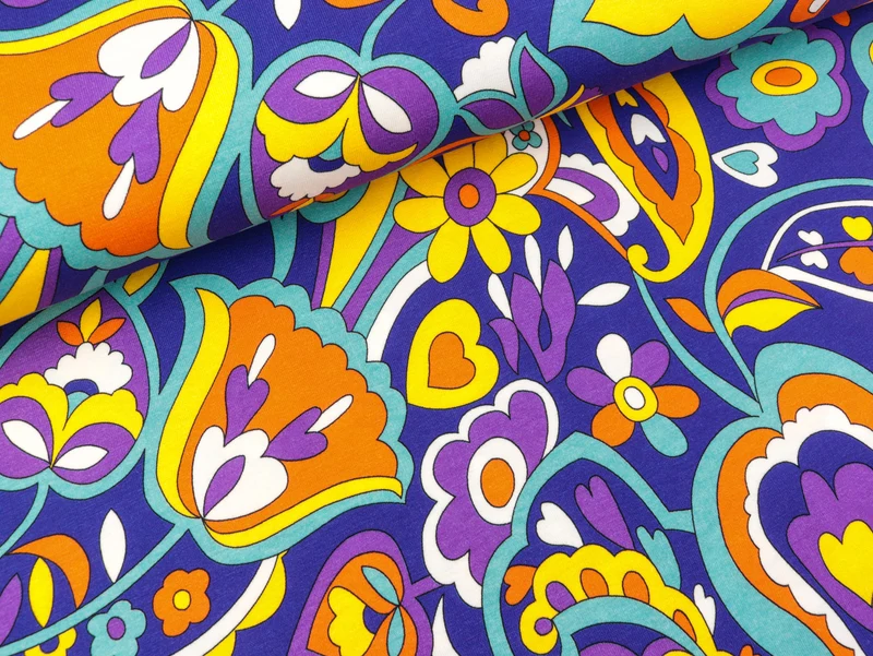 Baumwolljersey Große bunte Blumen orange-lila-gelb-smaragd-weiß auf Royalblau