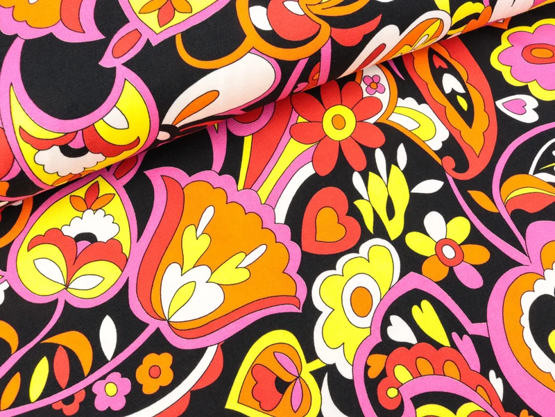 Baumwolljersey Große bunte Blumen pink-orange-gelb-weiß auf Schwarz