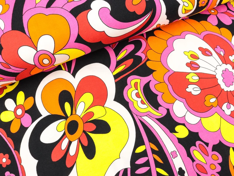 Baumwolljersey Große bunte Blumen pink-orange-gelb-weiß auf Schwarz
