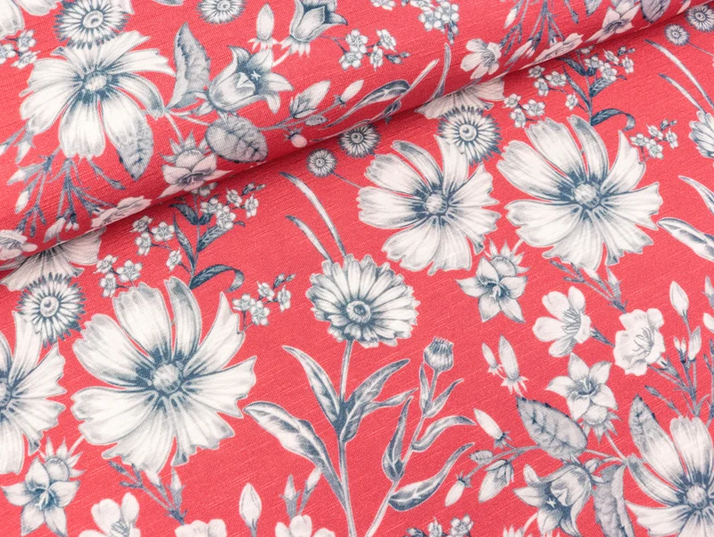 Slub Viskosejersey Merle Blumen tintenblau auf Himbeere