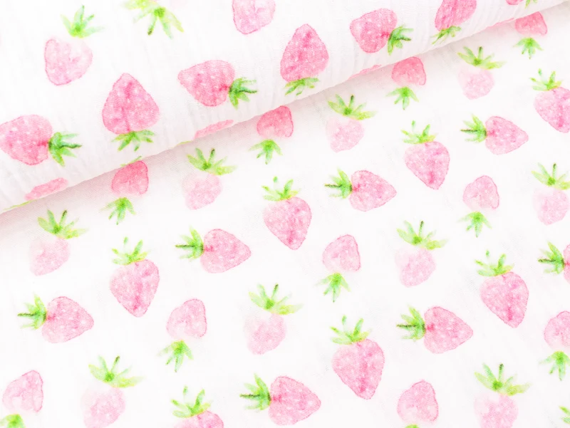 Baumwoll Double Gauze Thea Erdbeeren rosa auf Weiß