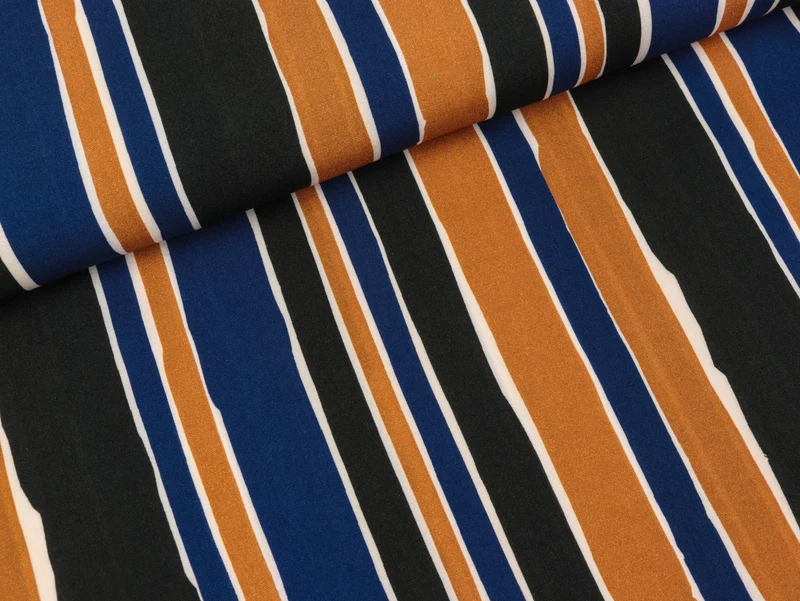 Viskose Webware Antonia Streifen creme-blau-ocker-schwarz