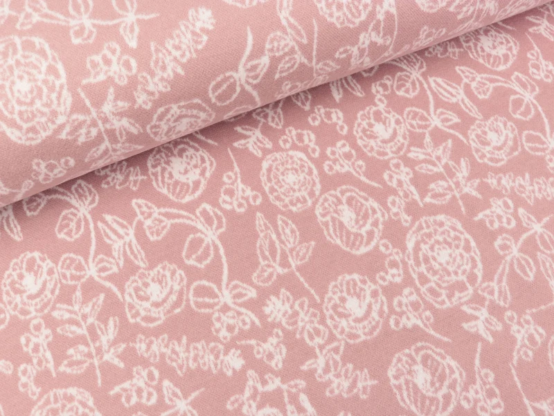 Jacquard Jersey Ava Blumen weiß auf Altrosa by Bienvenido Colorido