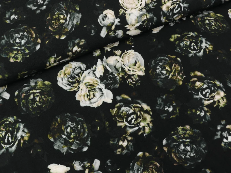 Viskose Webware Fleur Rosenmuster bunt auf Schwarz