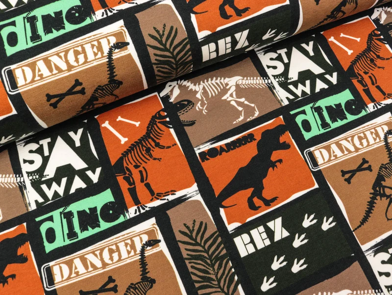 Baumwollsweat Basel Dinosaurierpatches hellbraun-rost-schwarz