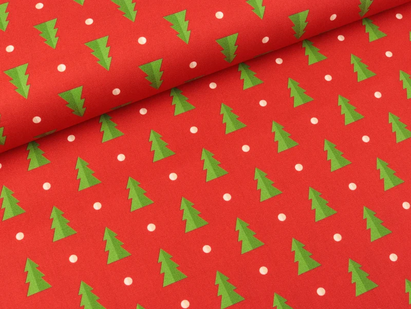 Baumwoll Webware Noel Tannenbäume und Punkte grün--natur-weiß auf Rot