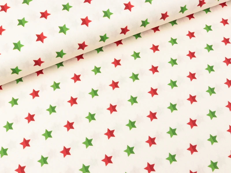 Baumwoll Webware Noel Sterne rot-grün auf Natur