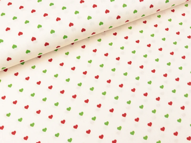Baumwoll Webware Noel Kleine Herzen rot-grün auf Natur