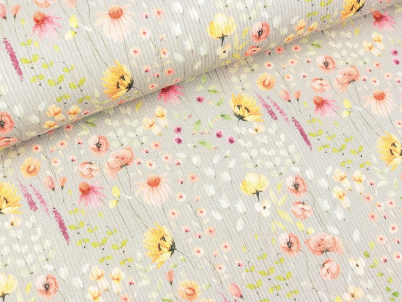 Rippjersey Mia Bunte Blumenwiese auf Hellgrau