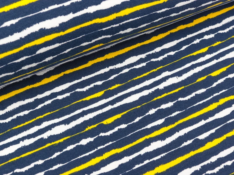 French Terry Unregelmäßige Streifen weiß-gelb-jeansblau