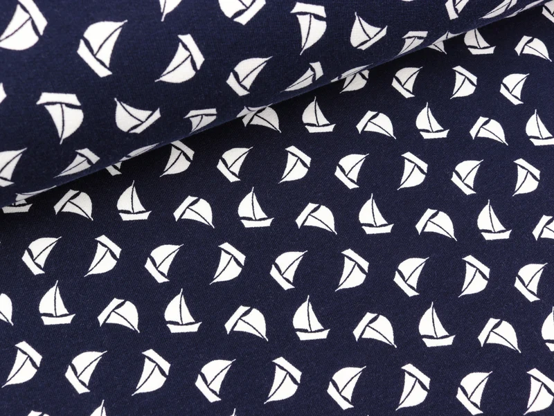 French Terry Kleine Segelschiffe weiß auf Marineblau