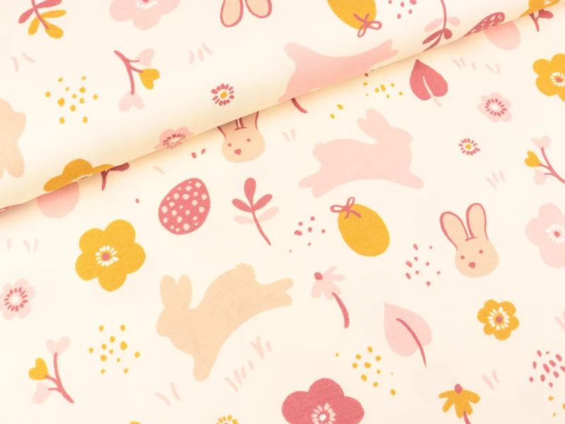 Baumwolljersey Graphic Bunny Zauberhafte Osterwiese bunt auf Zartrosa
