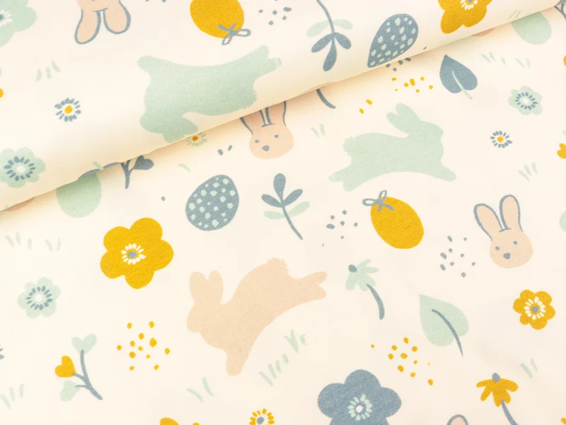 Baumwolljersey Graphic Bunny Zauberhafte Osterwiese bunt auf Creme