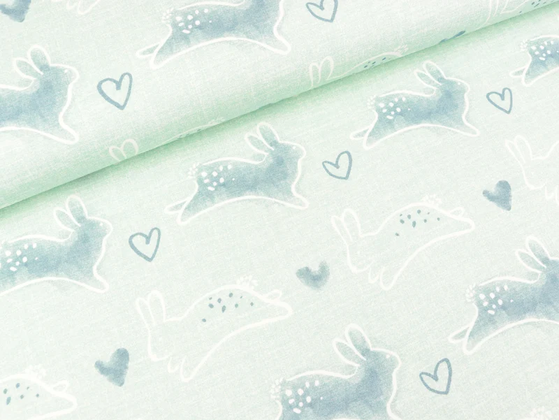 Baumwolljersey Graphic Bunny Hasen und Herzen mint schraffiert