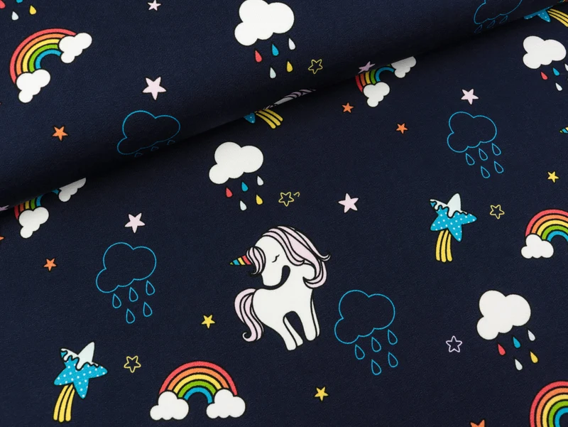 French Terry Petra Little Unicorn auf Nachtblau