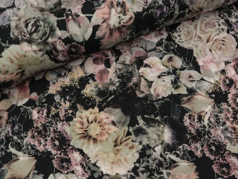 French Terry Nature Morte Rosenmuster bunt auf Anthrazit