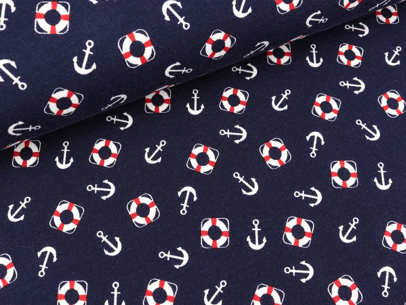 French Terry Kleine Anker und Rettungsringe auf Marineblau