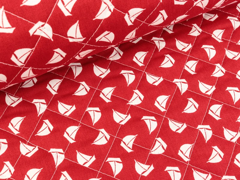 Doubleface Steppstoff Kleine Segelschiffe-Bunte Streifen rot-weiß-marineblau