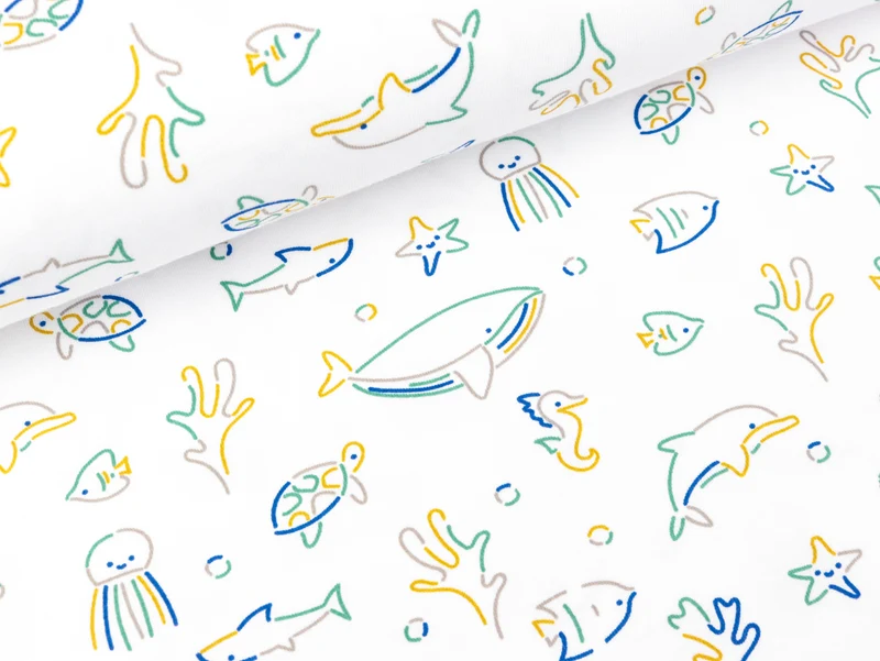 Baumwolljersey Sealife Meeresbewohner bunt auf Weiß