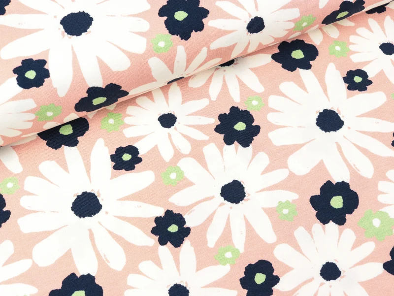 Baumwolljersey Smilla Blumen bunt auf Hellrosa