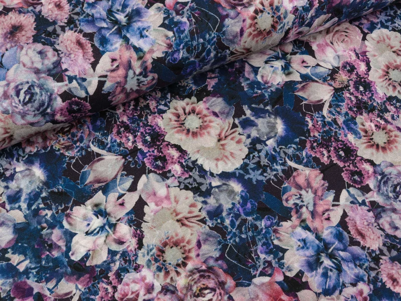 French Terry Nature Morte Bunte Blumen auf Blau