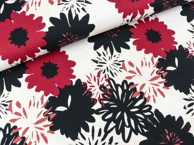 Baumwolljersey Johanna Blüten burgundy-schwarz auf Weiß