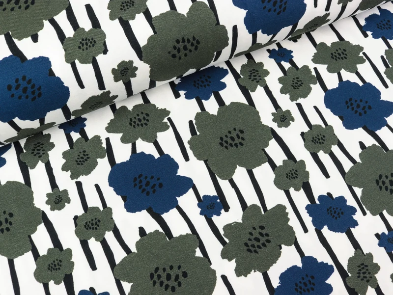Baumwolljersey Johanna Blumen und Streifen khaki-jeansblau-schwarz auf Weiß