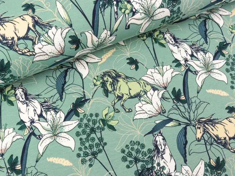 French Terry Flowers and Horses auf Dusty green